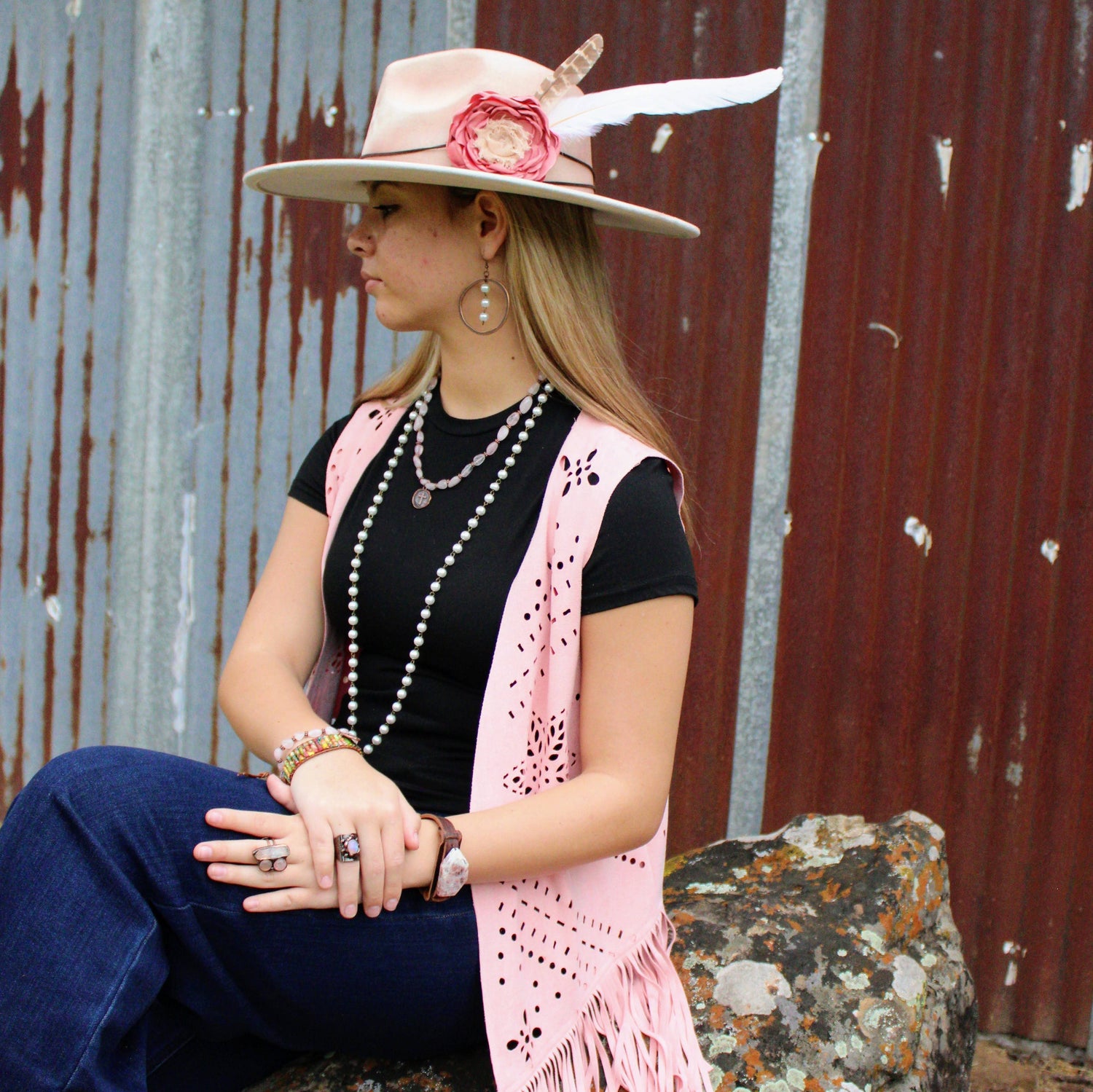 Rose Quartz Collar Necklace w/ Copper Cross Round Charm
