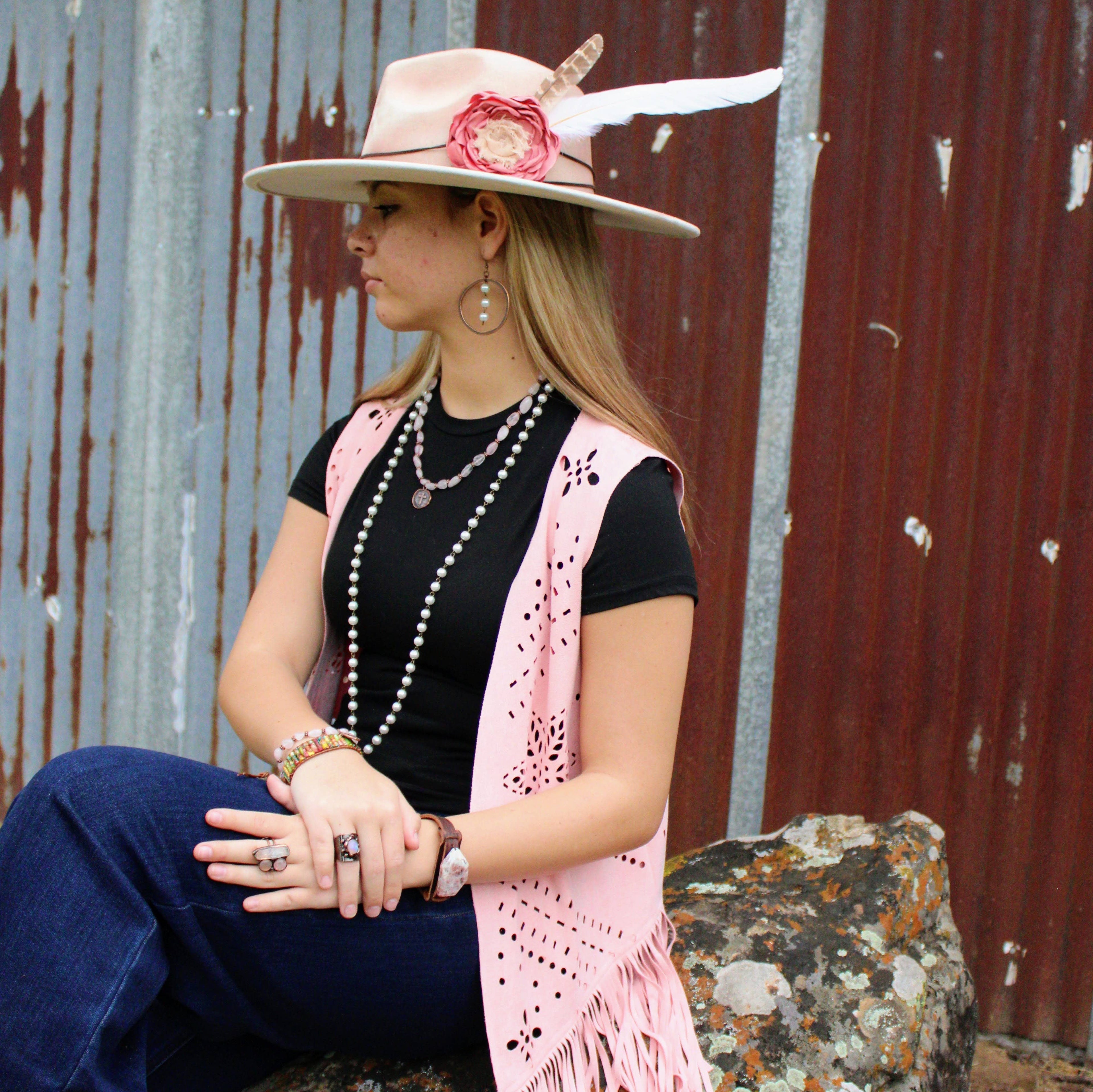 Rose Quartz Collar Necklace w/ Copper Cross Round Charm