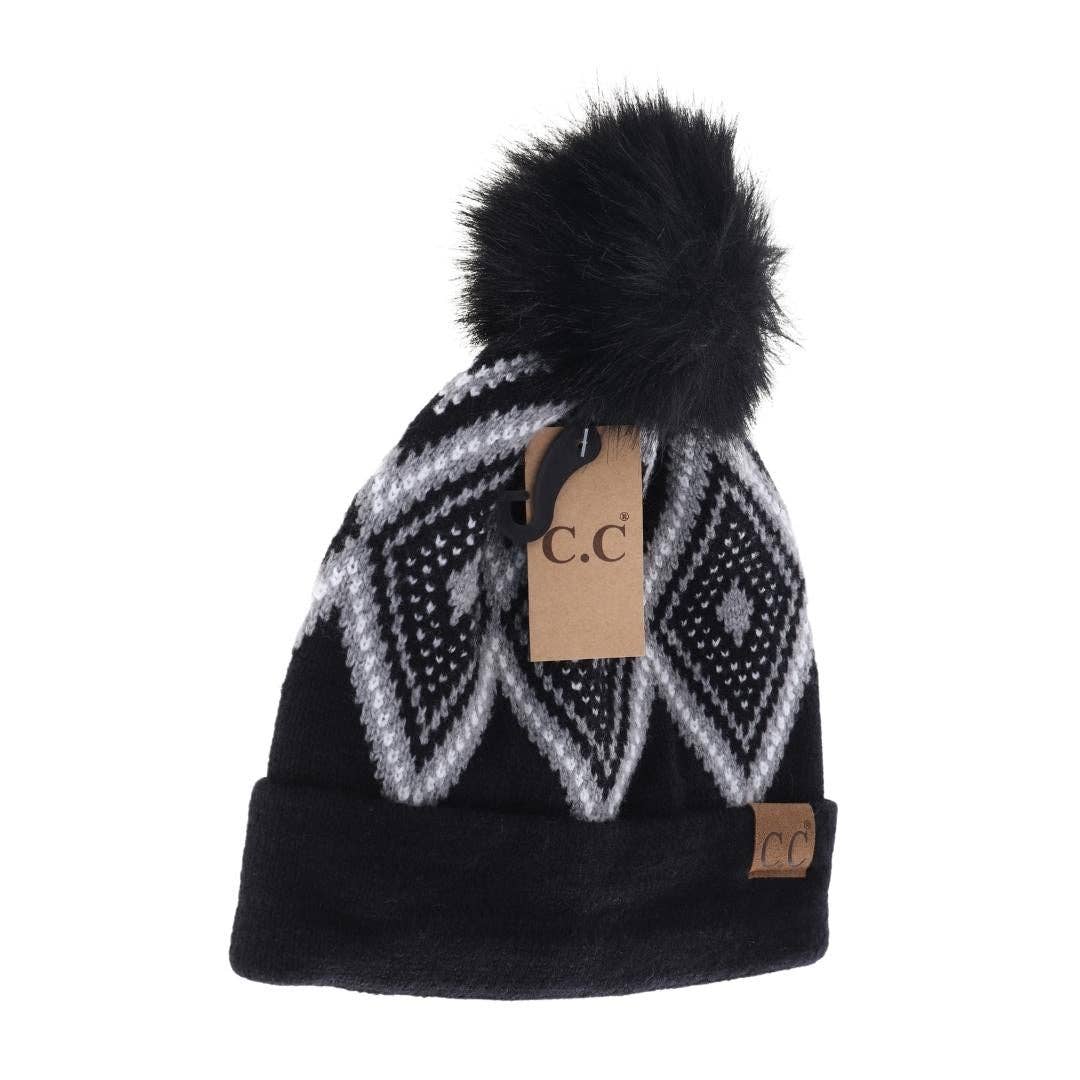 Diamond Geometric Pattern Faux Fur Pom C.C Beanie