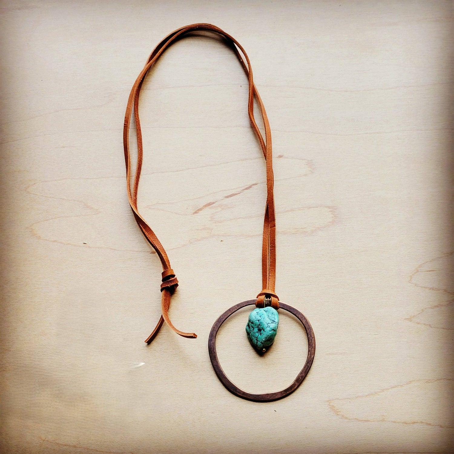 Leather Cord Necklace Antique Gold Hoop &amp; Natural Turquoise