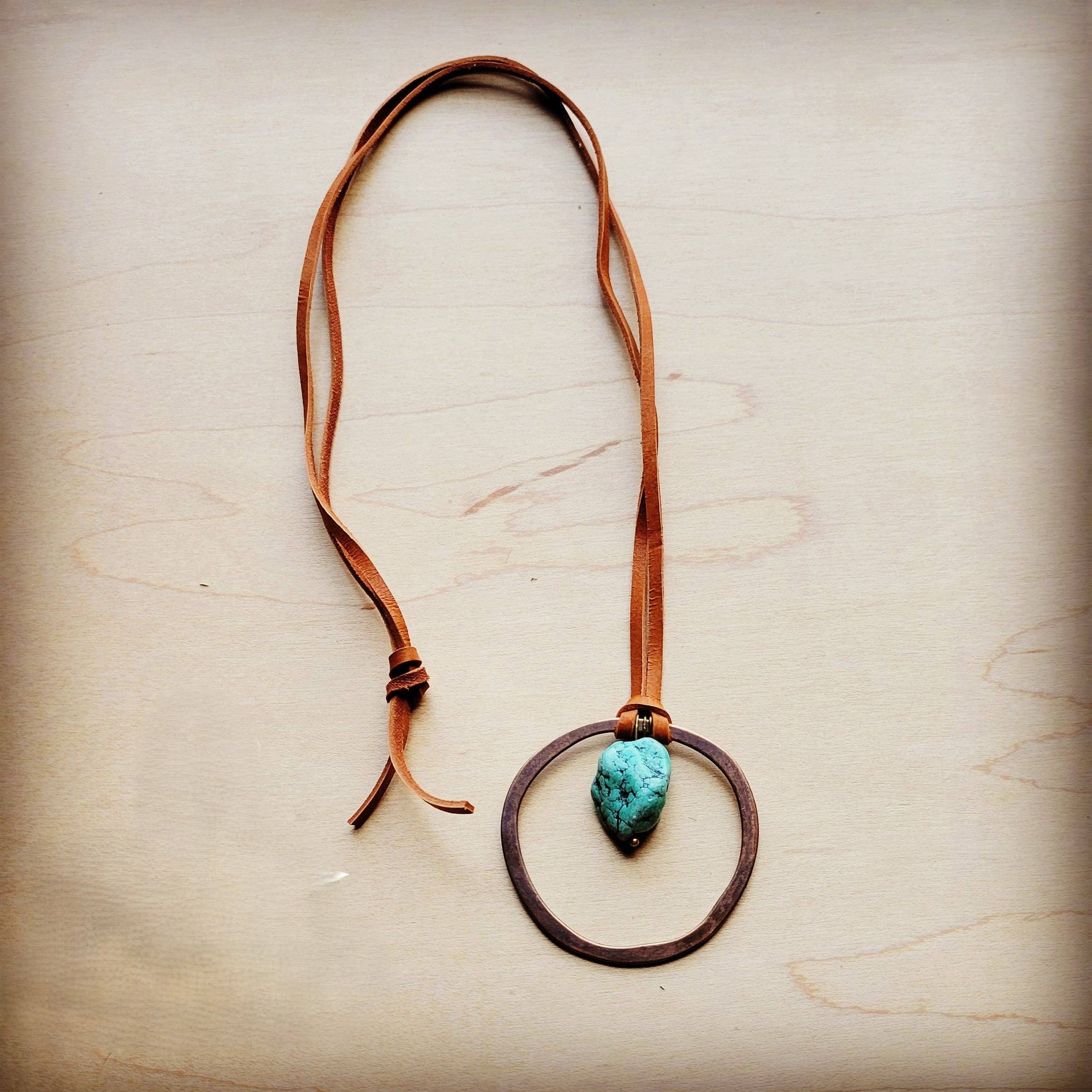 Leather Cord Necklace Antique Gold Hoop &amp; Natural Turquoise