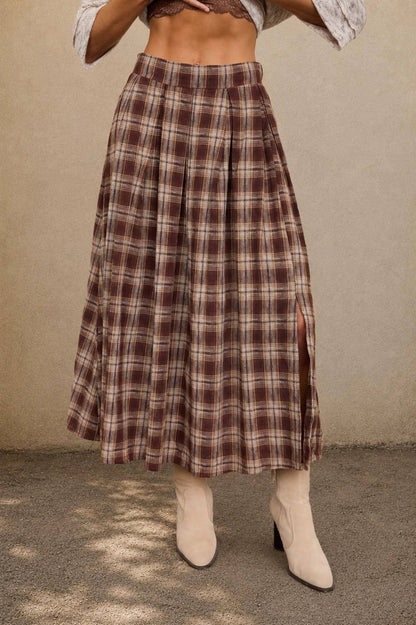Olive Plaid Pleated Midi Skirt