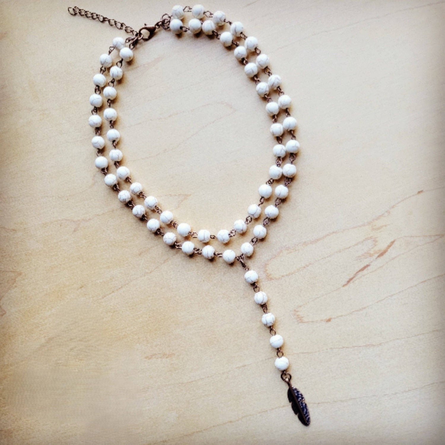 Double Strand Lariat White Turquoise Necklace w/ Copper Feather