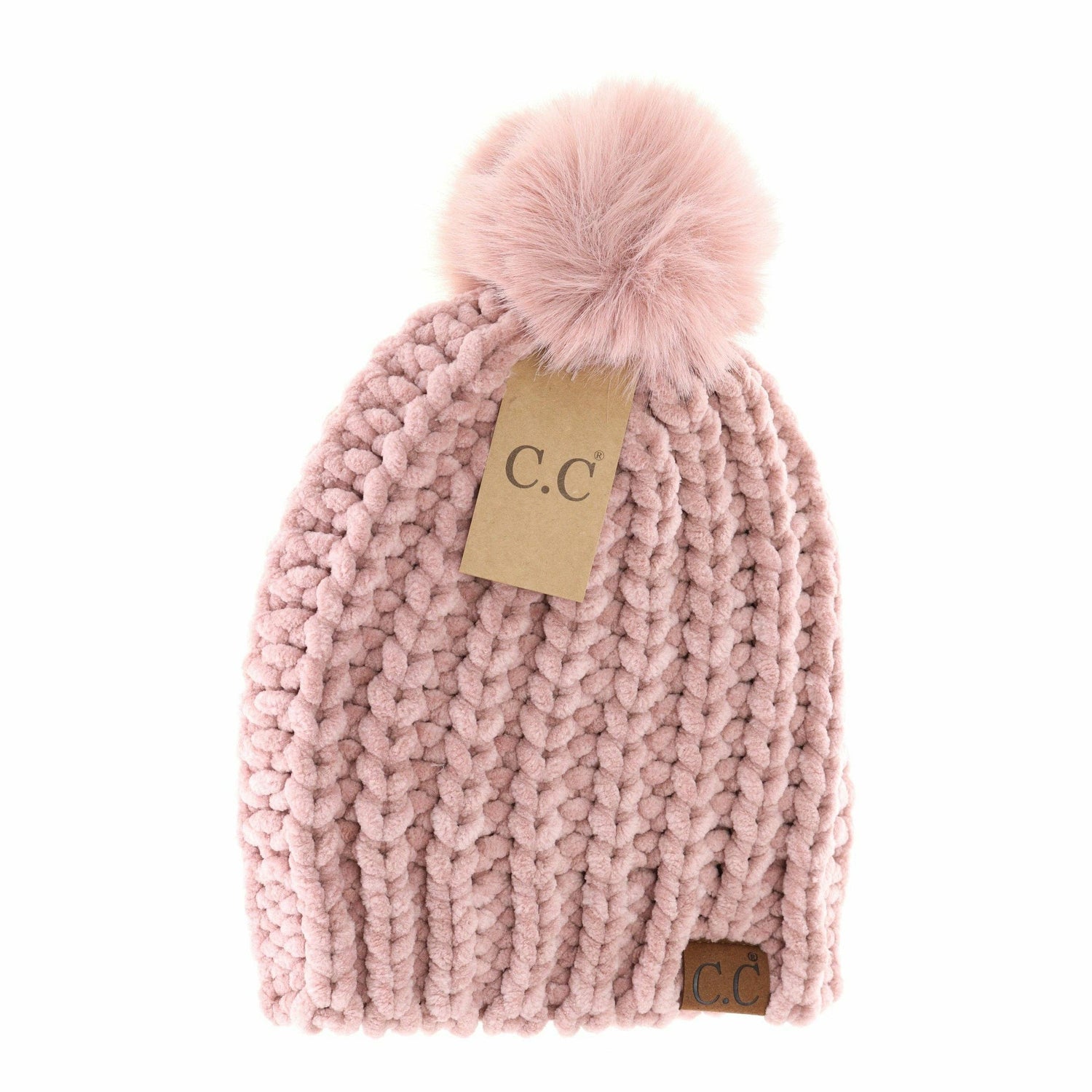 Chenille Chunky Knit Faux Fur Pom C.C Beanie