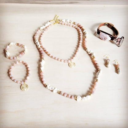 Frosted Sunstone &amp; White Turquoise Long Layering Necklace