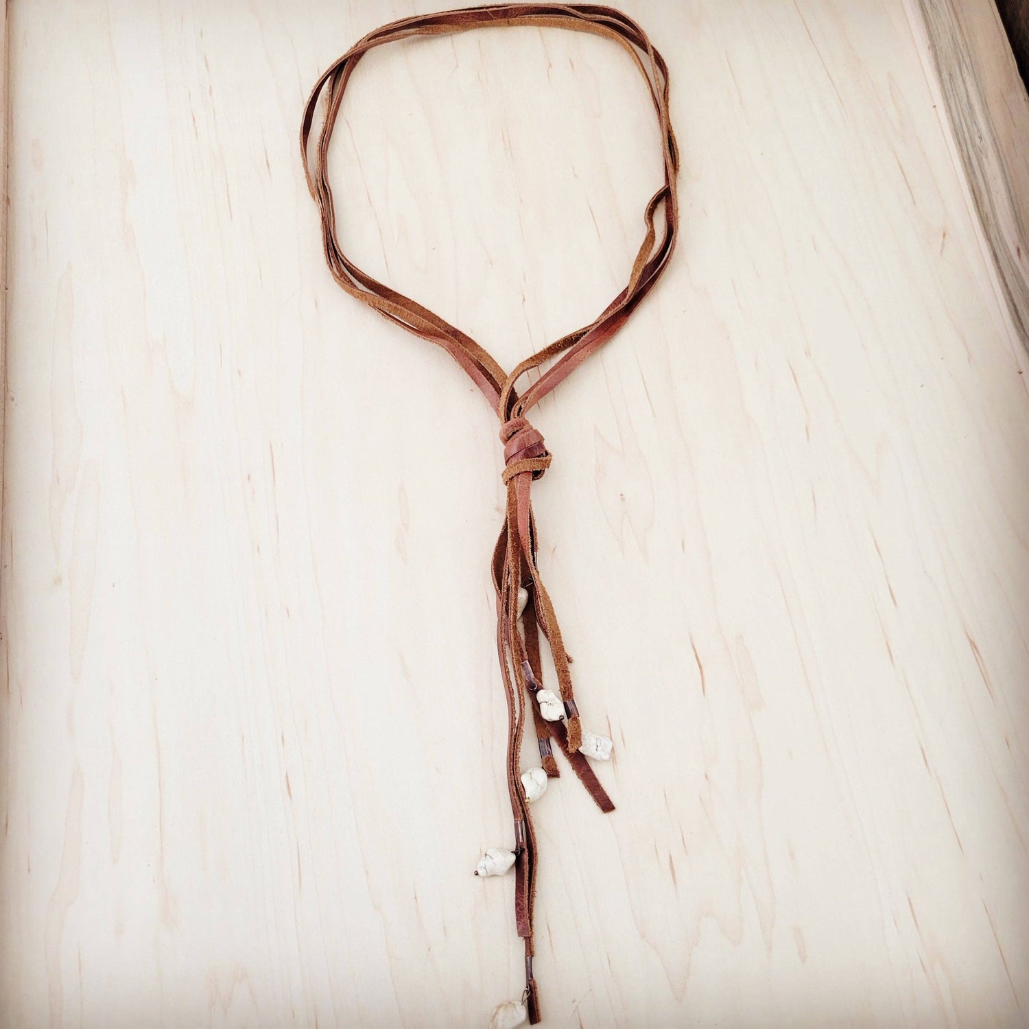Rustic Knotted Leather Cord Necklace with White Turquoise