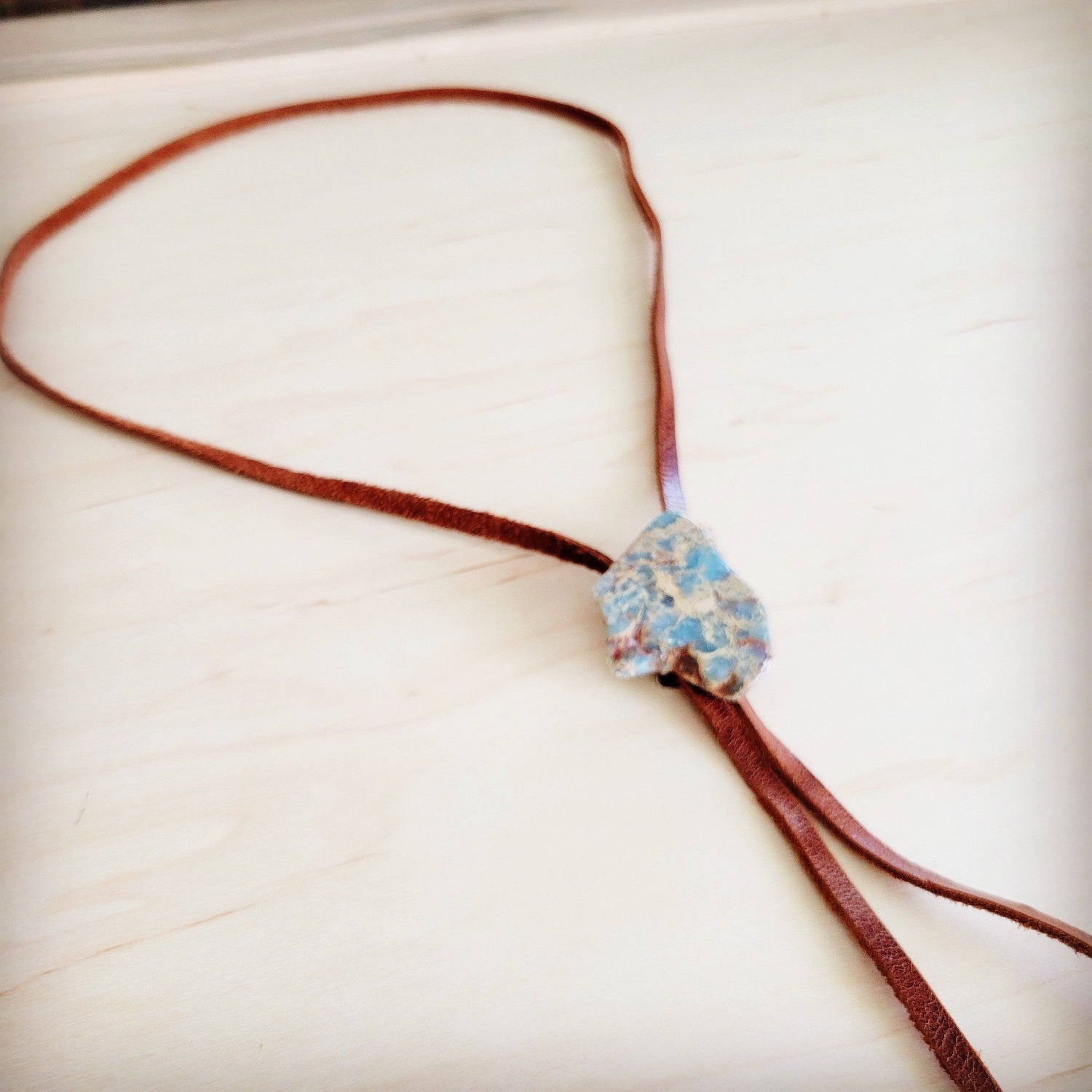 Leather Lariat Boho Necklace w/ Aqua Terra Slab Accent