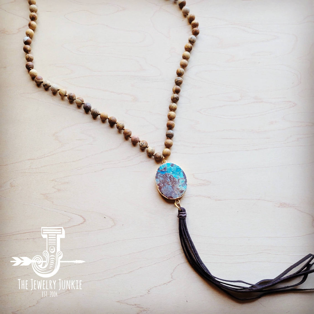 Bohemian Beaded Jasper Necklace w/ Ocean Agate Pendant 245u
