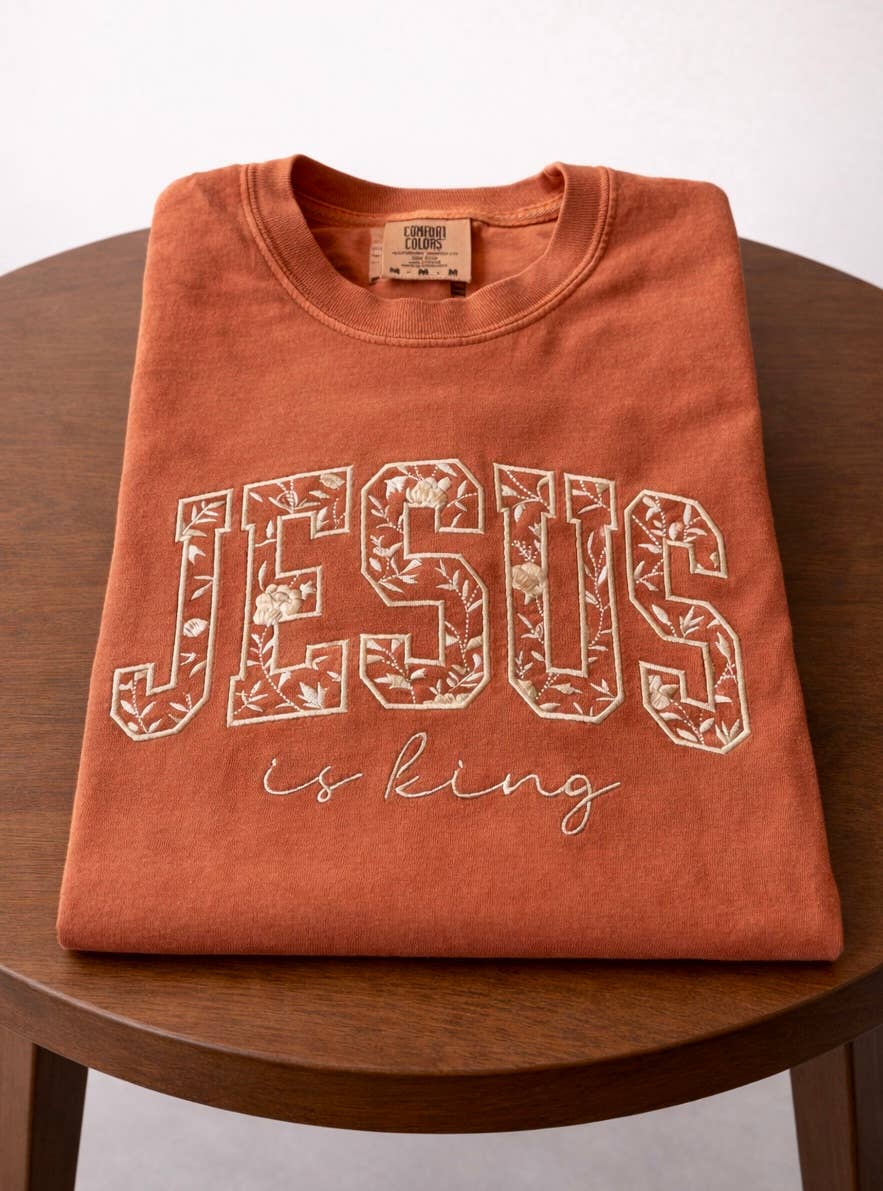 Jesus Is King Floral Embroidered Shirt