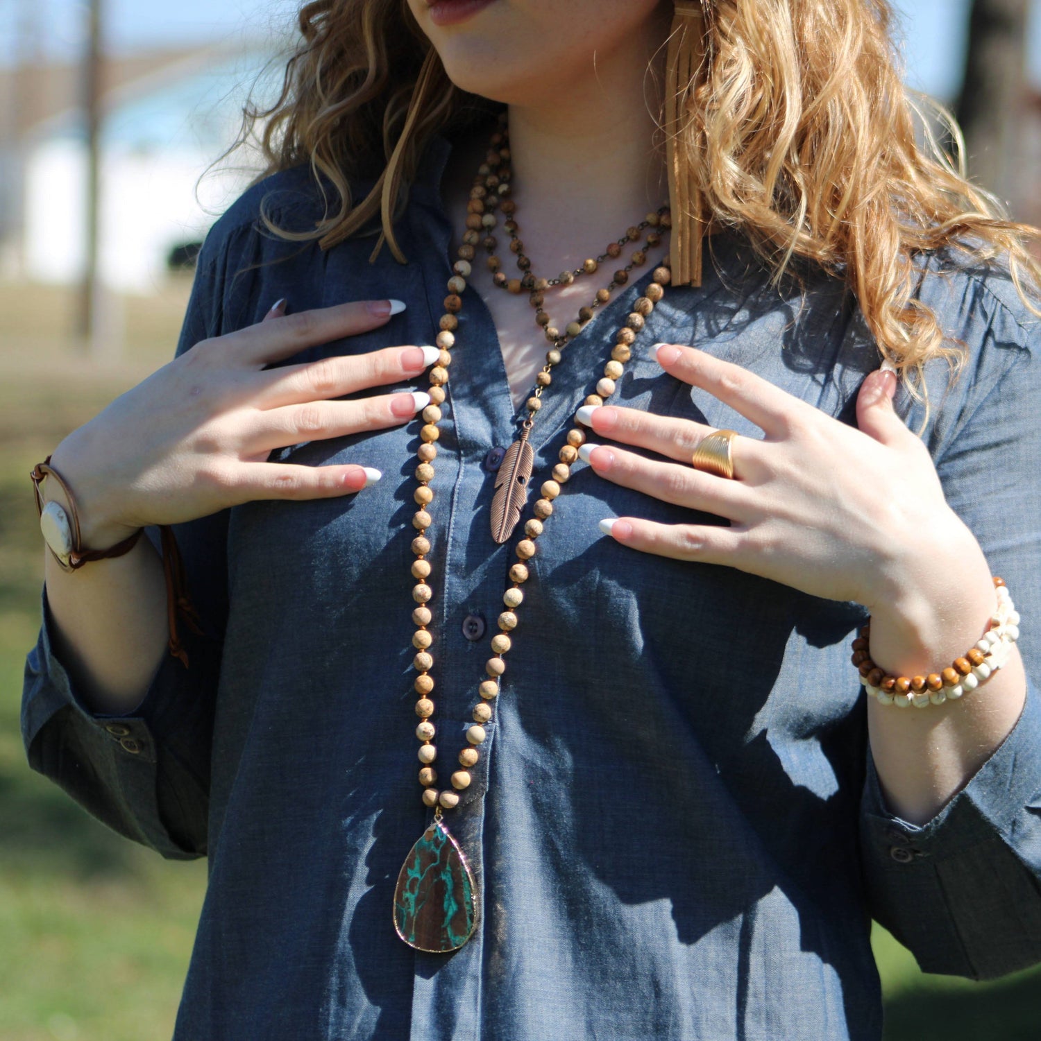 Bohemian Beaded Jasper Necklace w/ Ocean Agate Pendant 245u