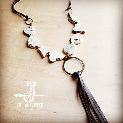 White Turquoise Chunky Necklace w/ Long Leather Tassel