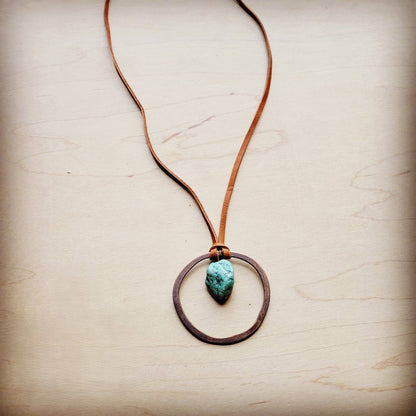 Leather Cord Necklace Antique Gold Hoop &amp; Natural Turquoise