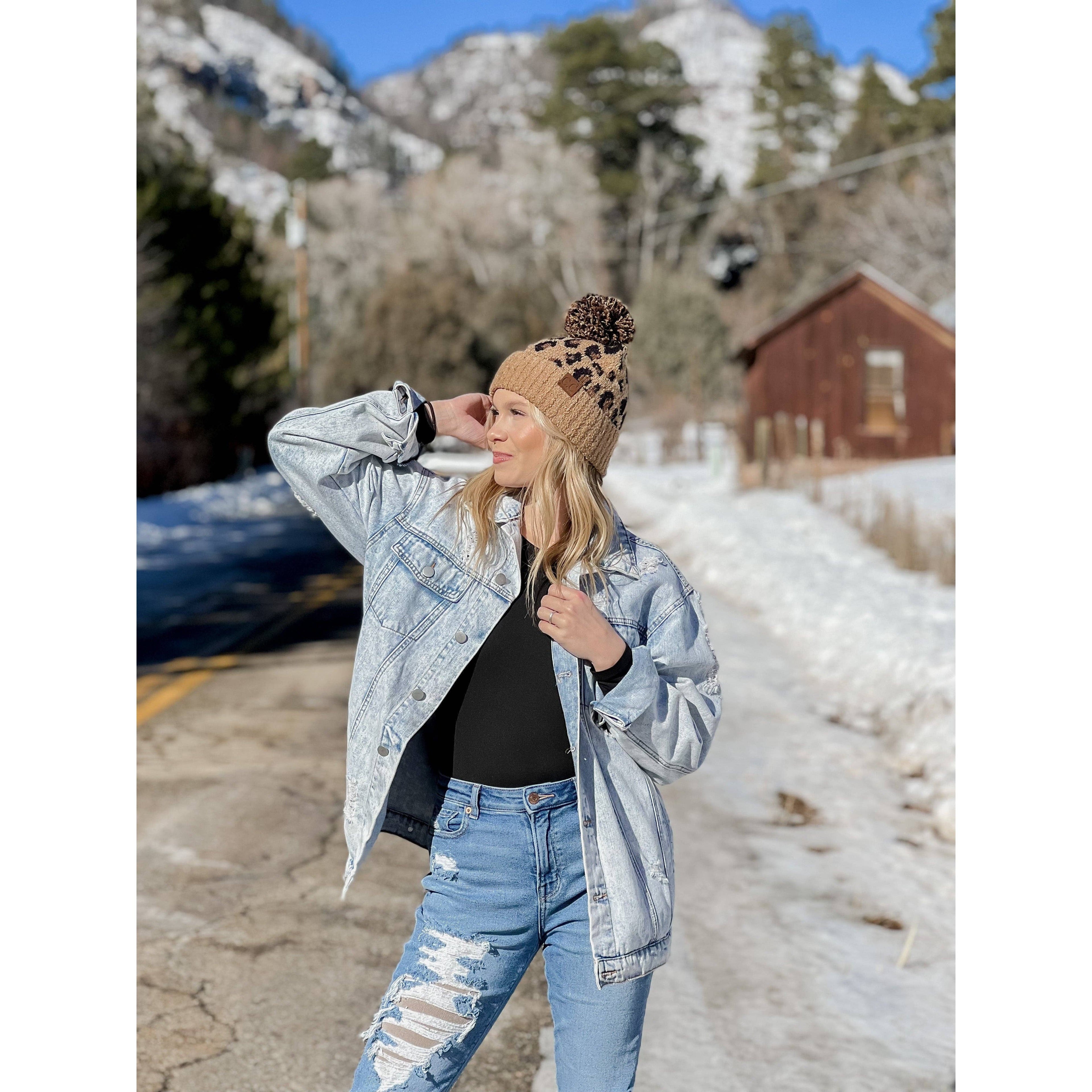 Leopard Boucle Knit POM CC Beanie