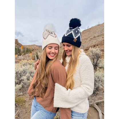Diamond Geometric Pattern Faux Fur Pom C.C Beanie
