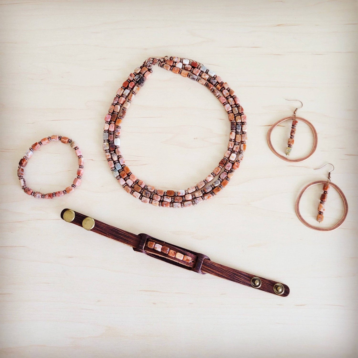 Genuine Regalite and Copper Stretch Beaded Bracelet Earth