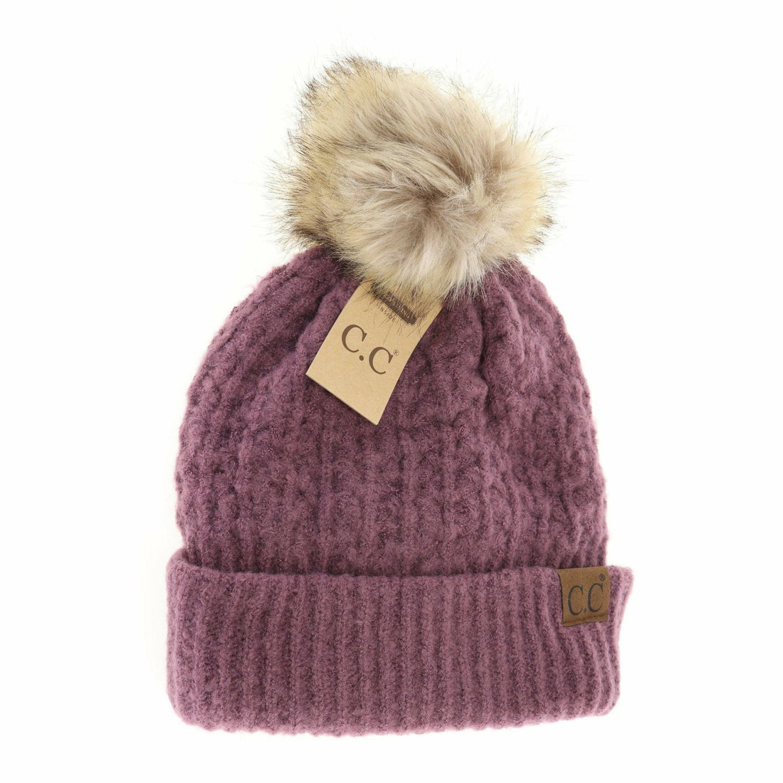 Solid Smocked Stitch Fur Pom C.C Beanie