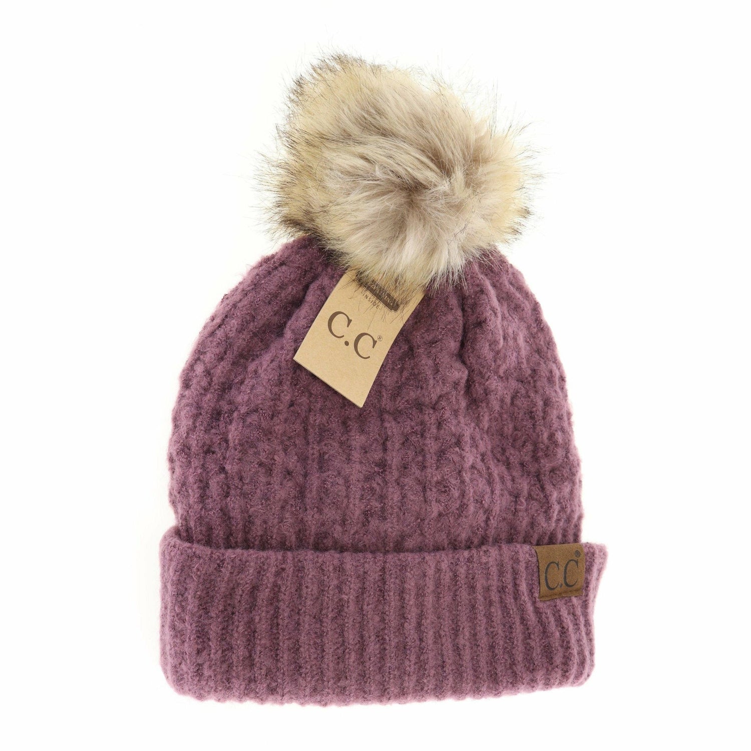 Solid Smocked Stitch Fur Pom C.C Beanie