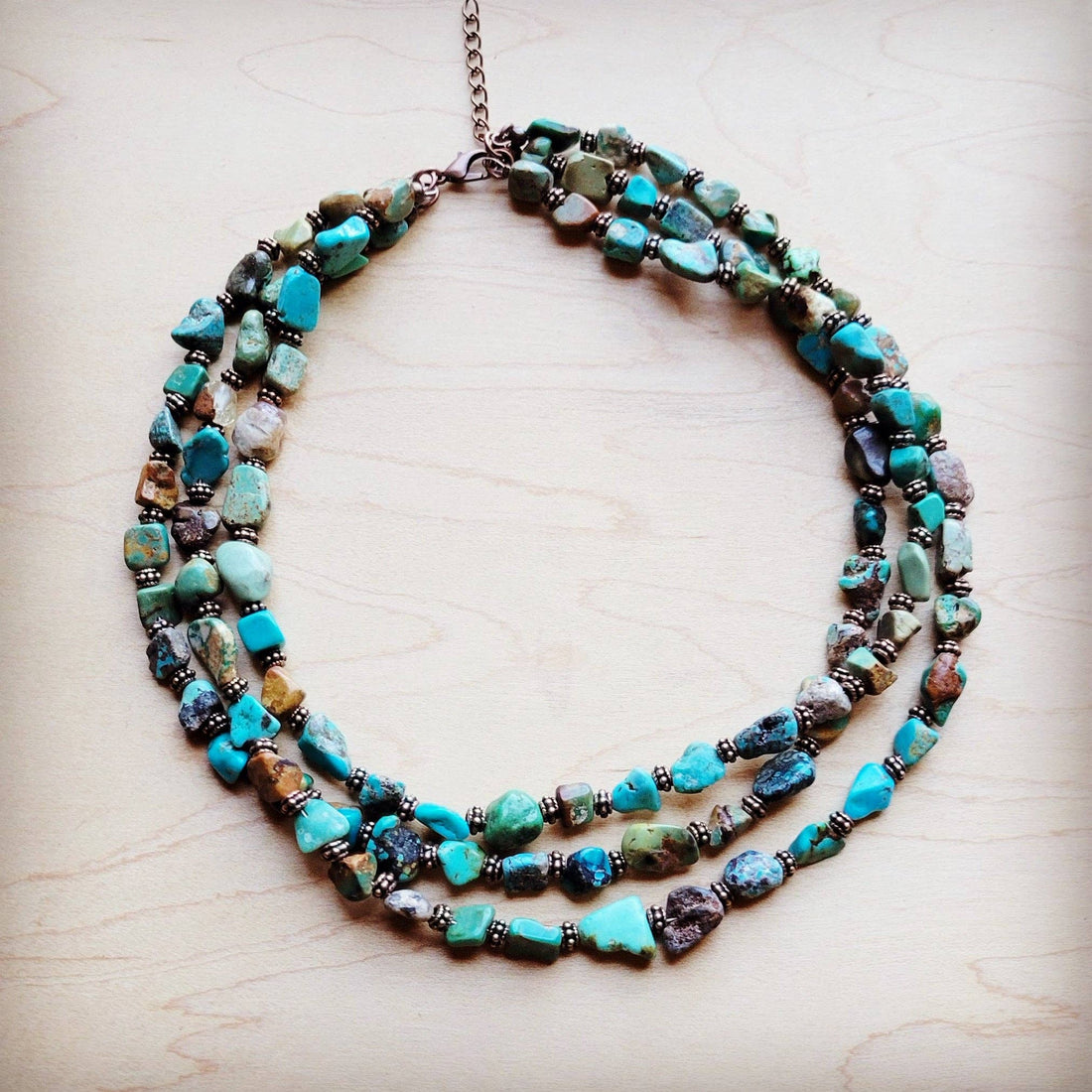 Genuine HuBei Turquoise &amp; Copper Triple Strand Necklace 259t