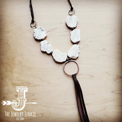 White Turquoise Chunky Necklace w/ Long Leather Tassel