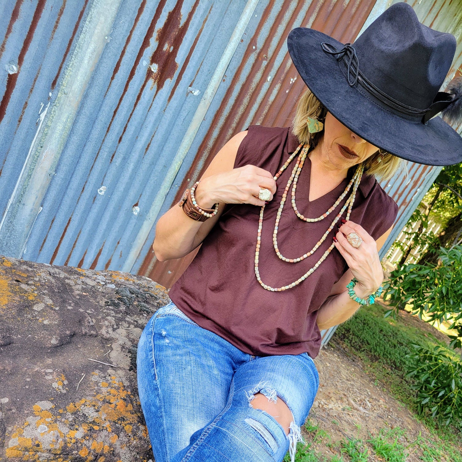 Triple Strand Layered Western Boho Aqua Terra Necklace