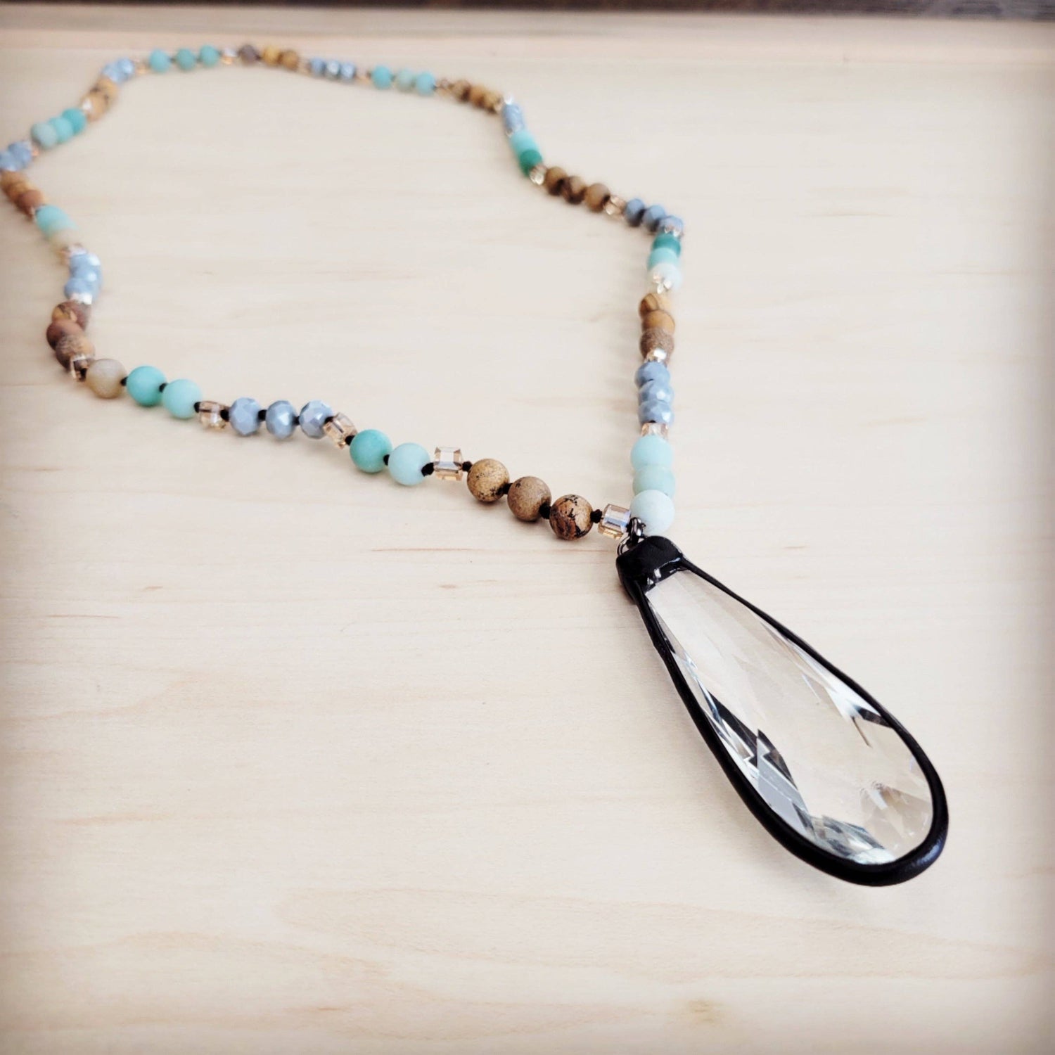 Picture Jasper &amp; Amazonite Long Beaded Necklace w/ Crystal Pendant