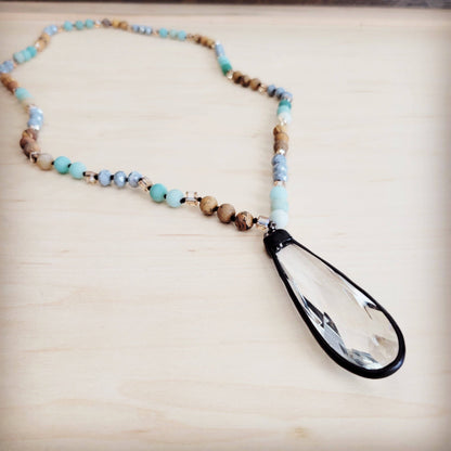 Picture Jasper &amp; Amazonite Long Beaded Necklace w/ Crystal Pendant