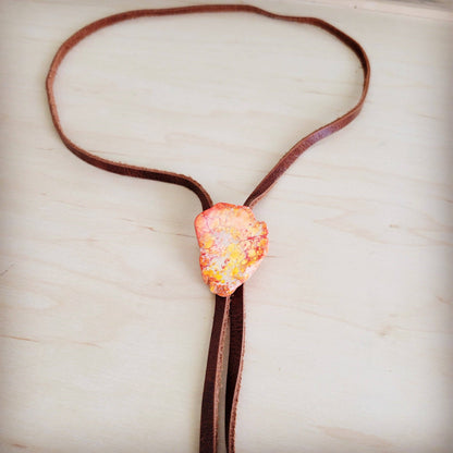 Leather Lariat Boho Necklace w/ Orange Regalite Slab Accent