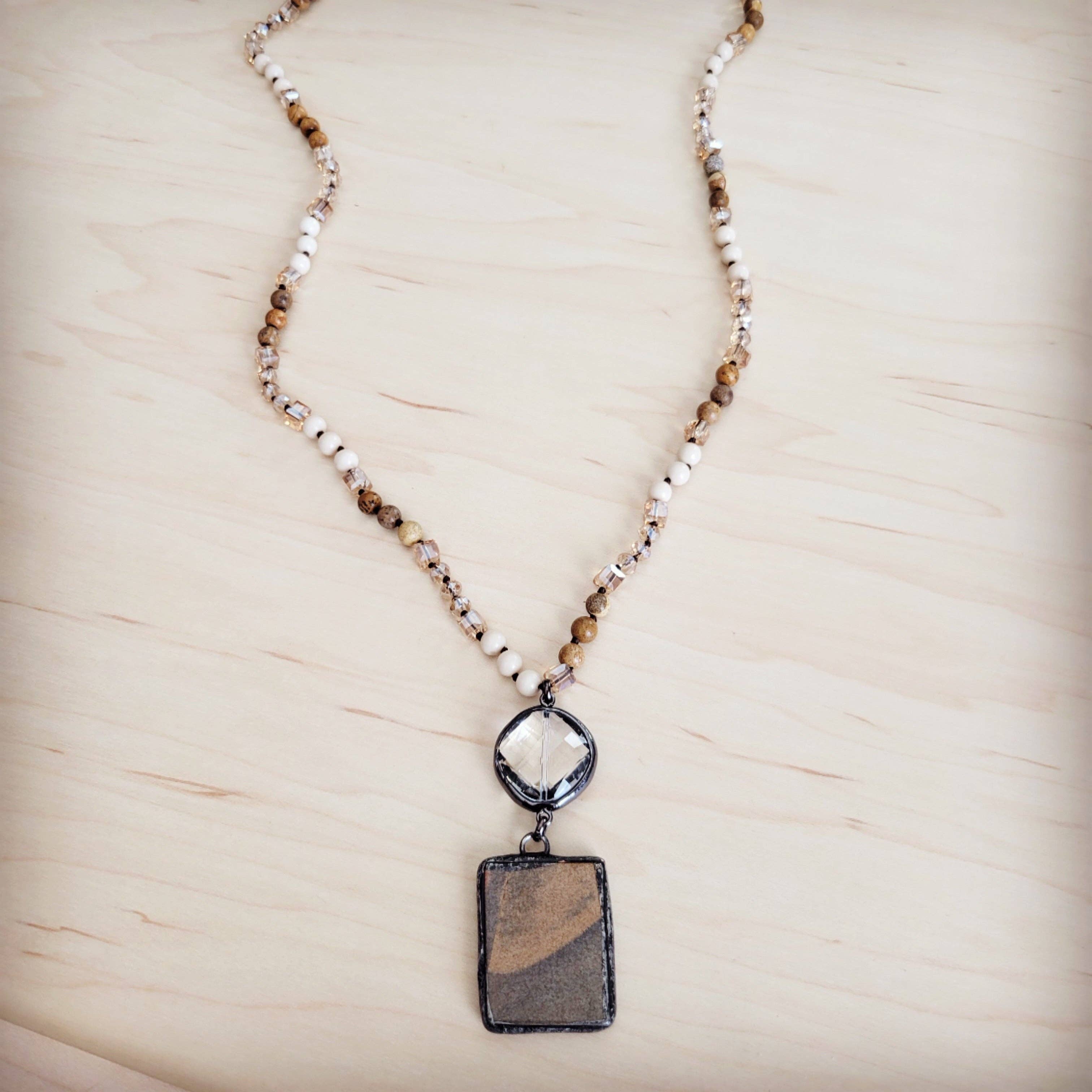 Picture Jasper &amp; Crystal Long Beaded Necklace w/ Jasper Pendant
