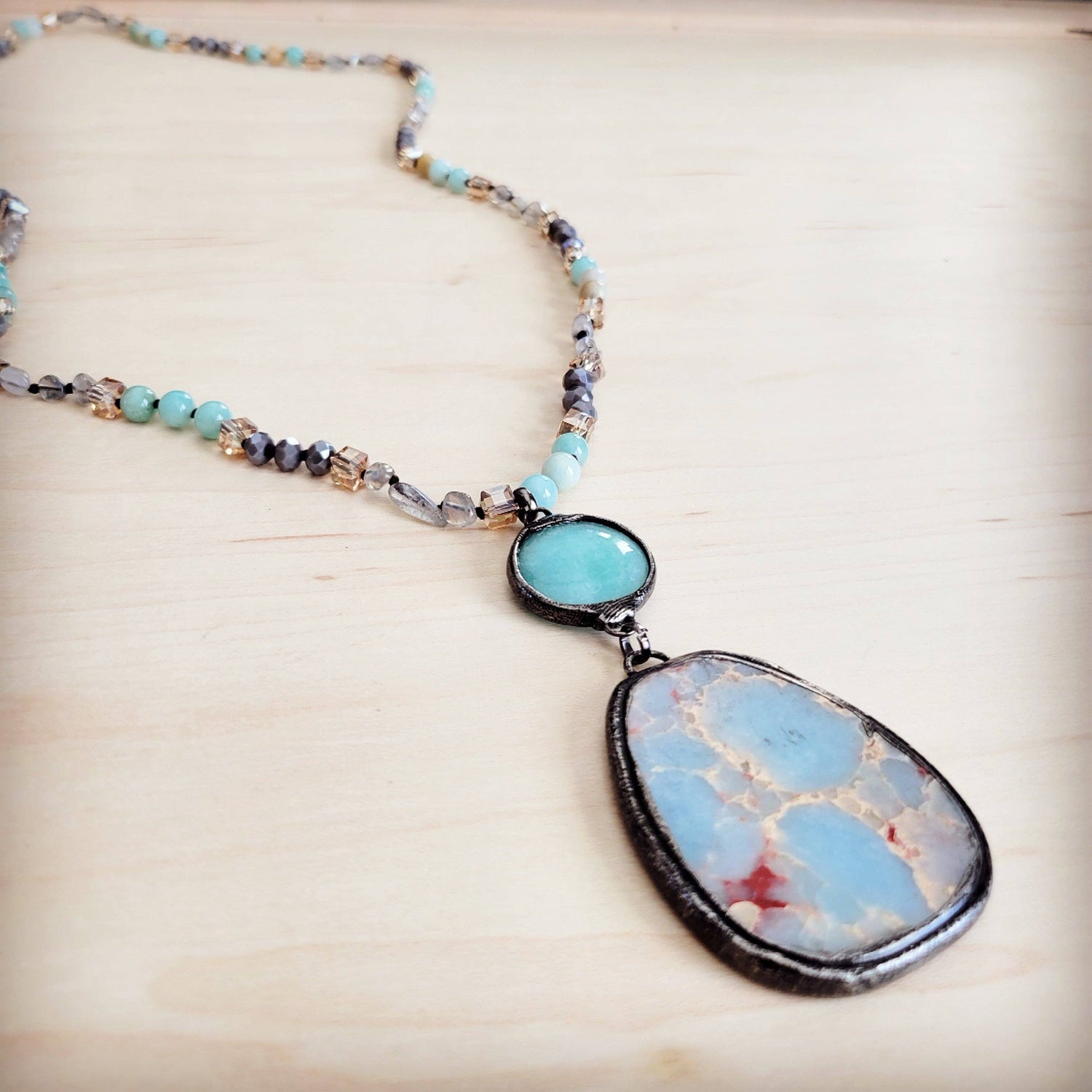 Amazonite &amp; Crystal Long Beaded Necklace w/ Large Jasper Pe