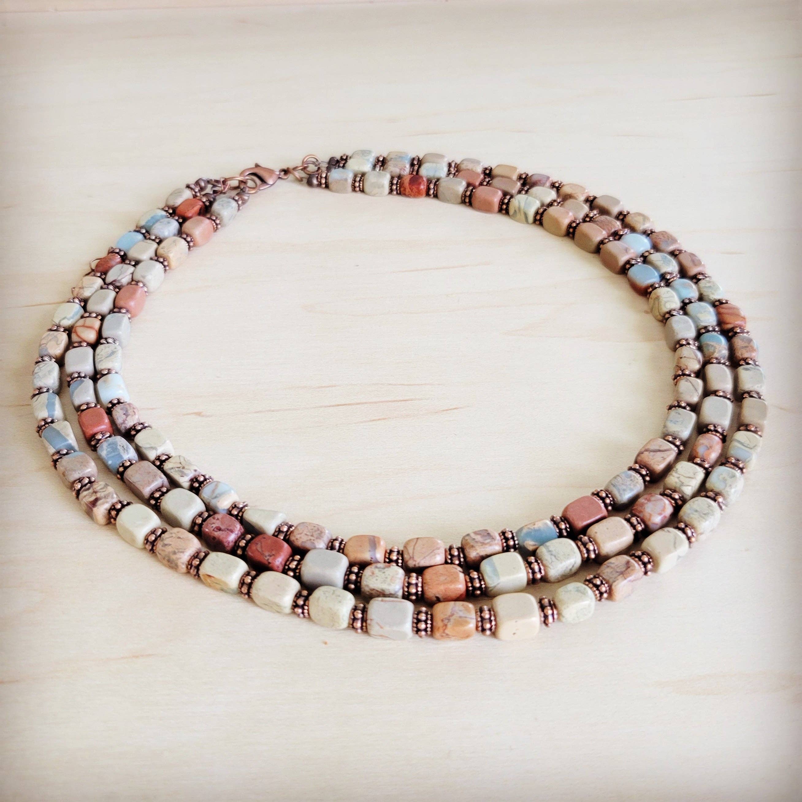Triple Strand Layered Boho Aqua Terra &amp; Copper Necklace
