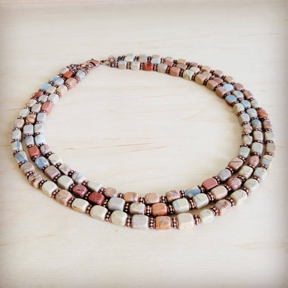 Triple Strand Layered Boho Aqua Terra &amp; Copper Necklace