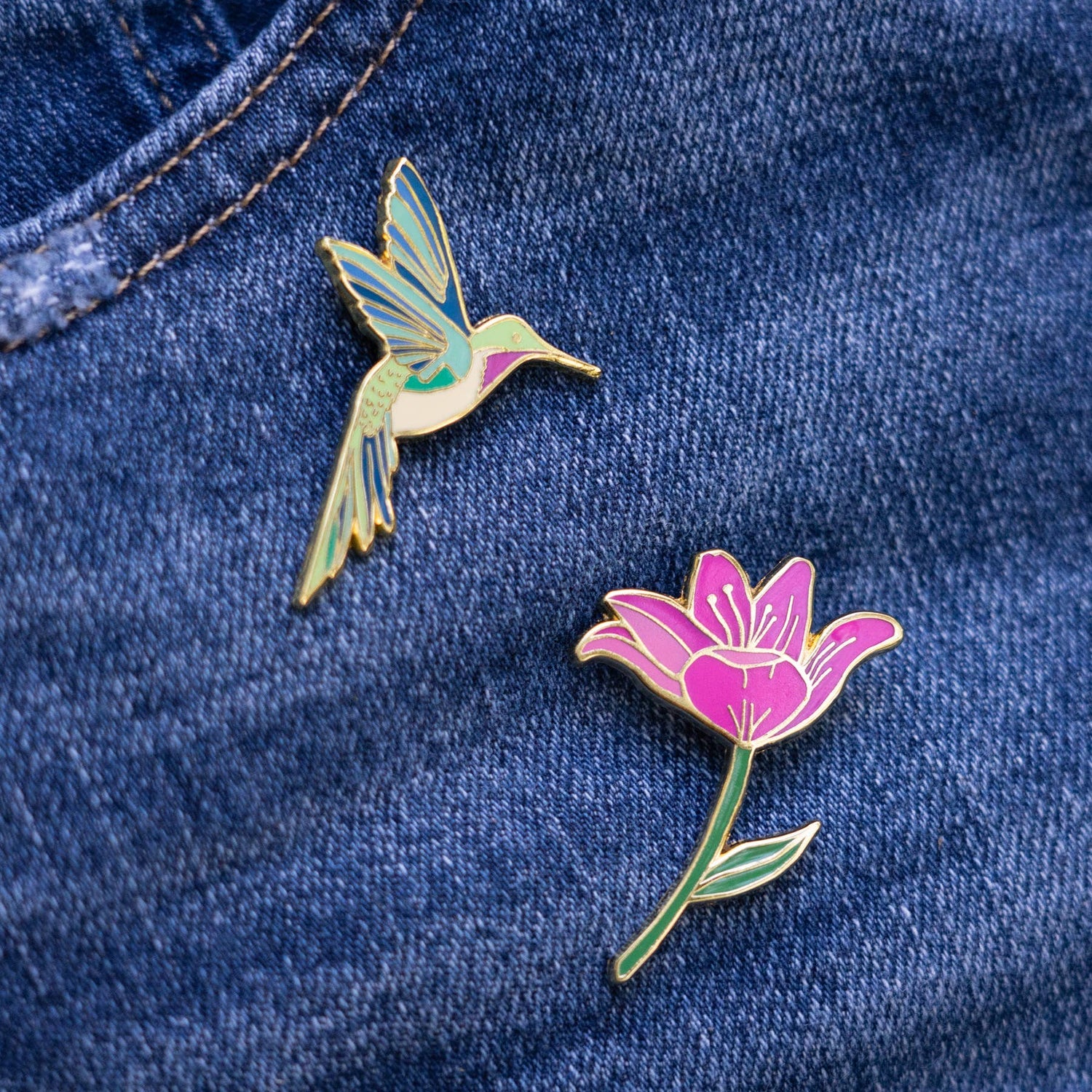 Hummingbird &amp; Pink Lily Flower Pin Set