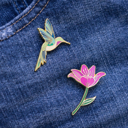 Hummingbird &amp; Pink Lily Flower Pin Set