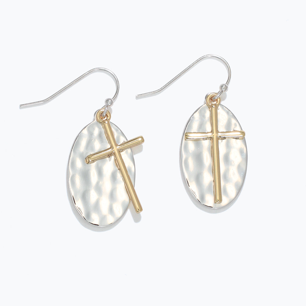 Two Tones Hammered Cross Earrings