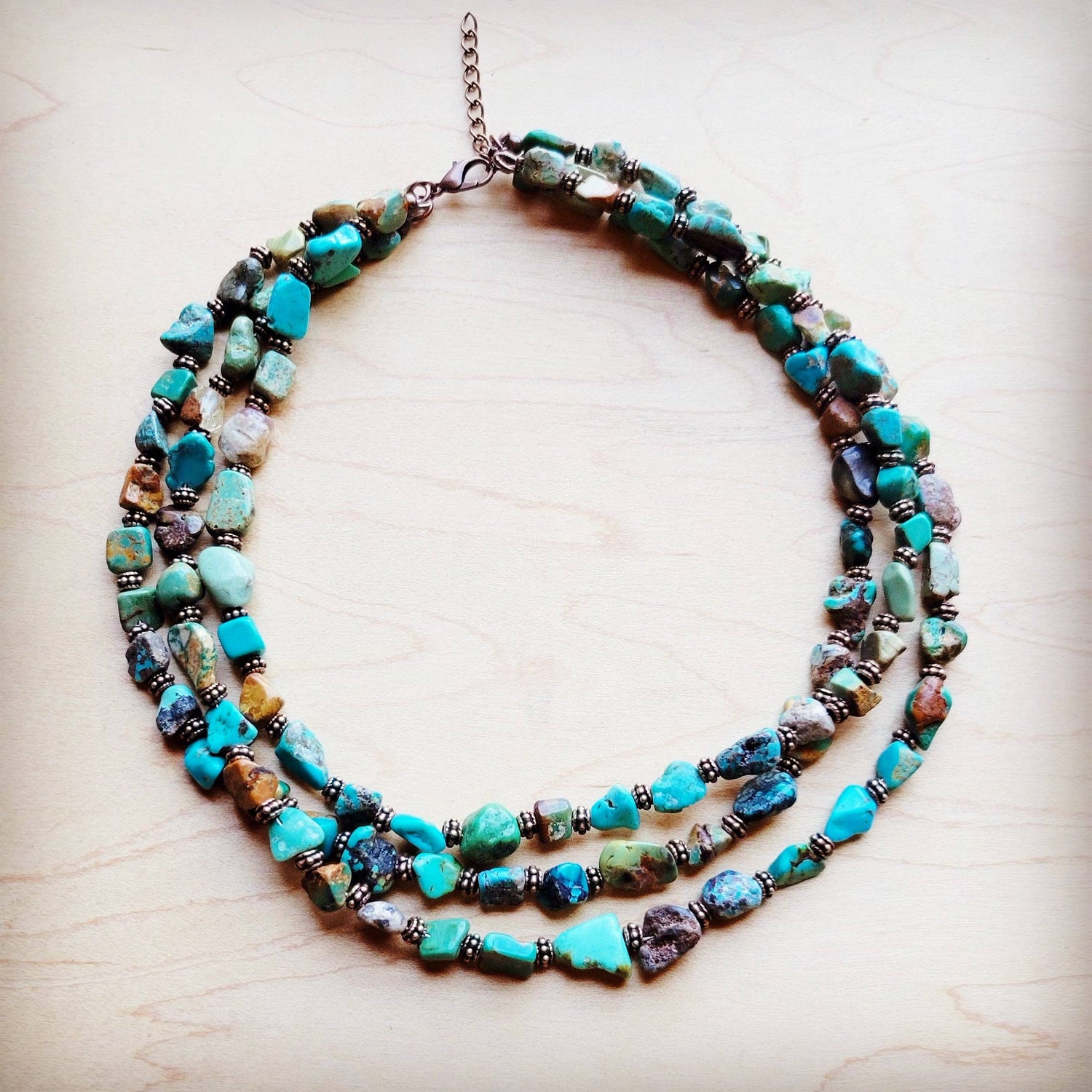 Genuine HuBei Turquoise &amp; Copper Triple Strand Necklace 259t