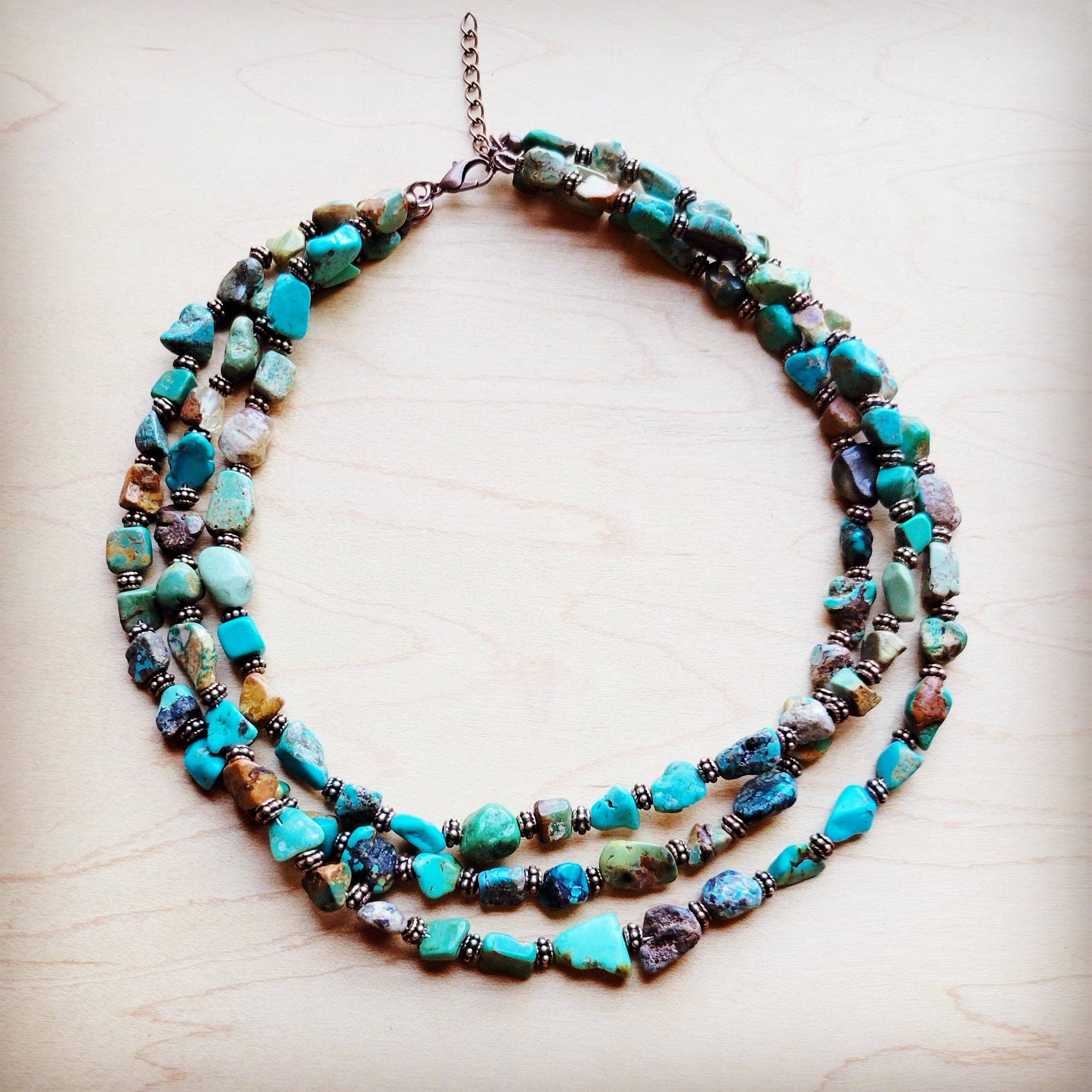 Genuine HuBei Turquoise &amp; Copper Triple Strand Necklace 259t