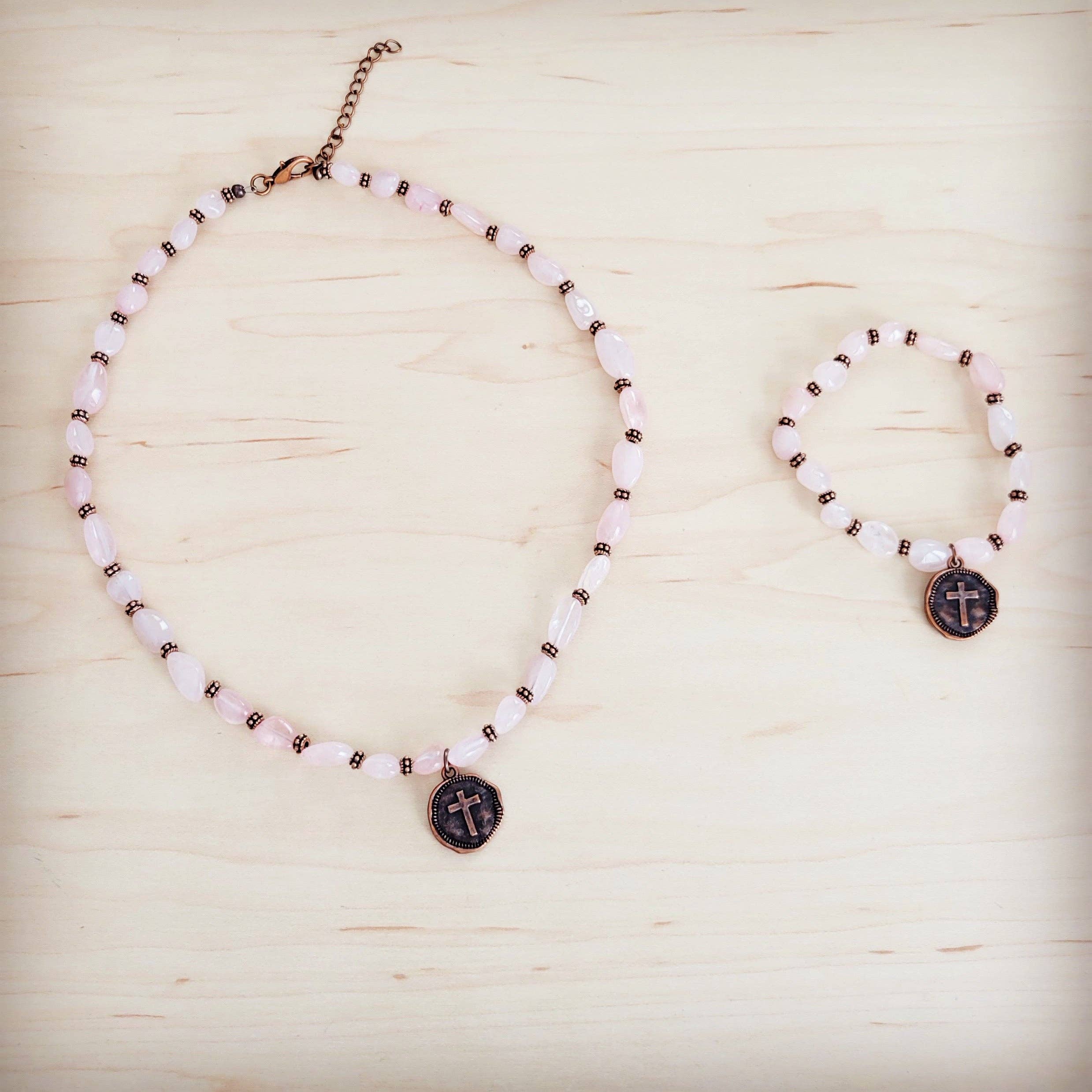 Rose Quartz Collar Necklace w/ Copper Cross Round Charm