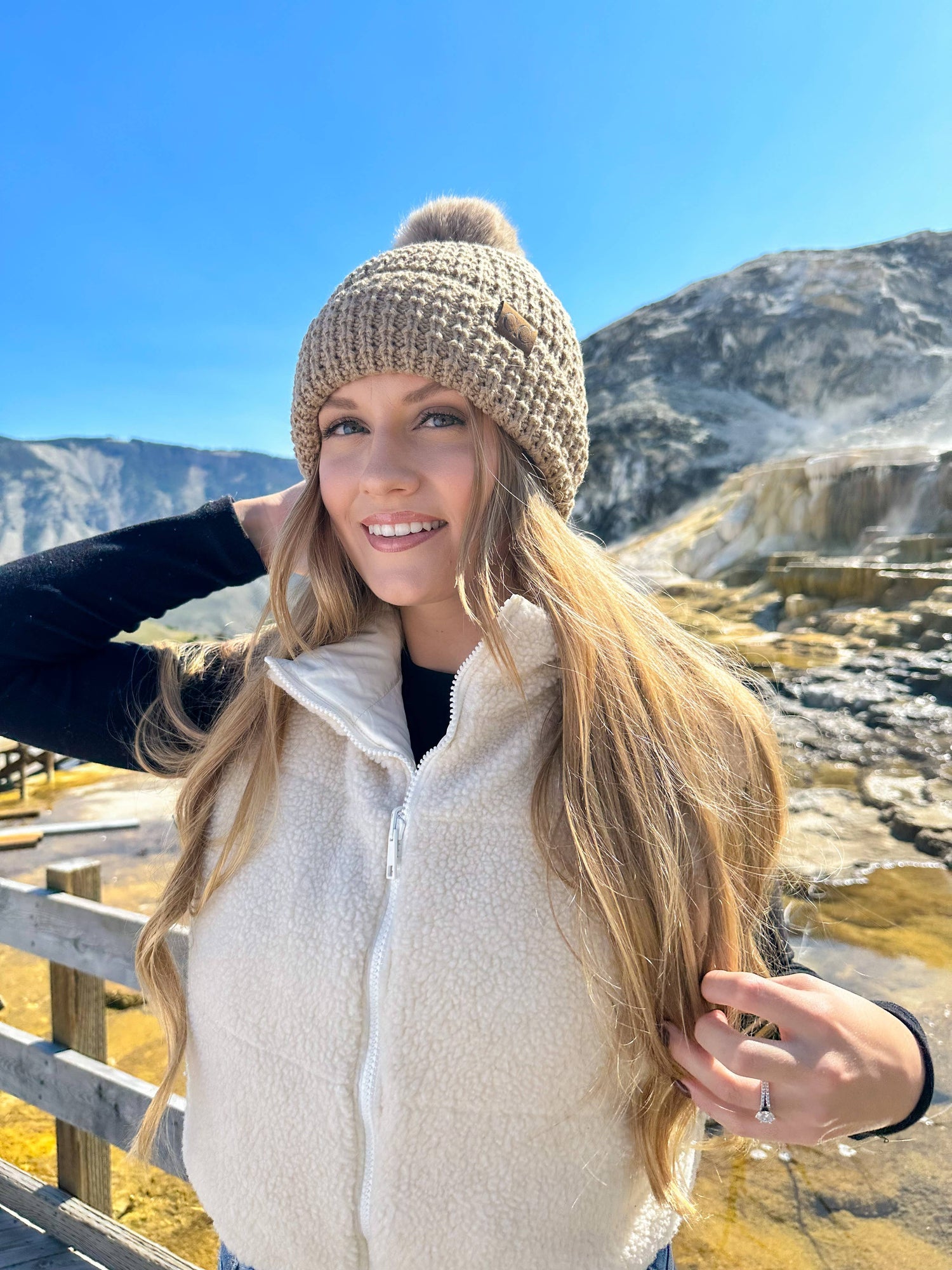 Waffle Knit Faux Fur Pom C.C Beanie