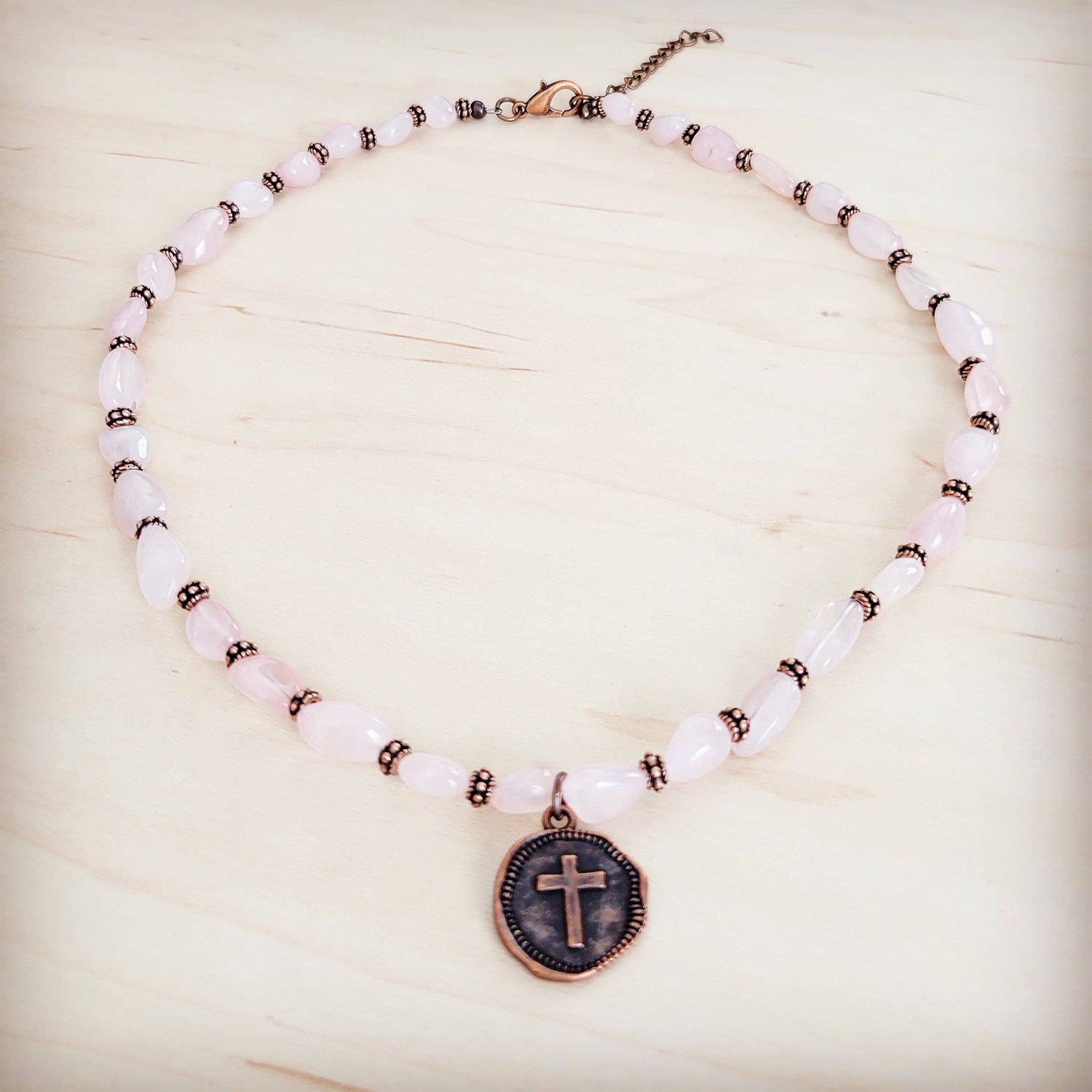 Rose Quartz Collar Necklace w/ Copper Cross Round Charm