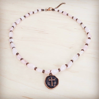Rose Quartz Collar Necklace w/ Copper Cross Round Charm