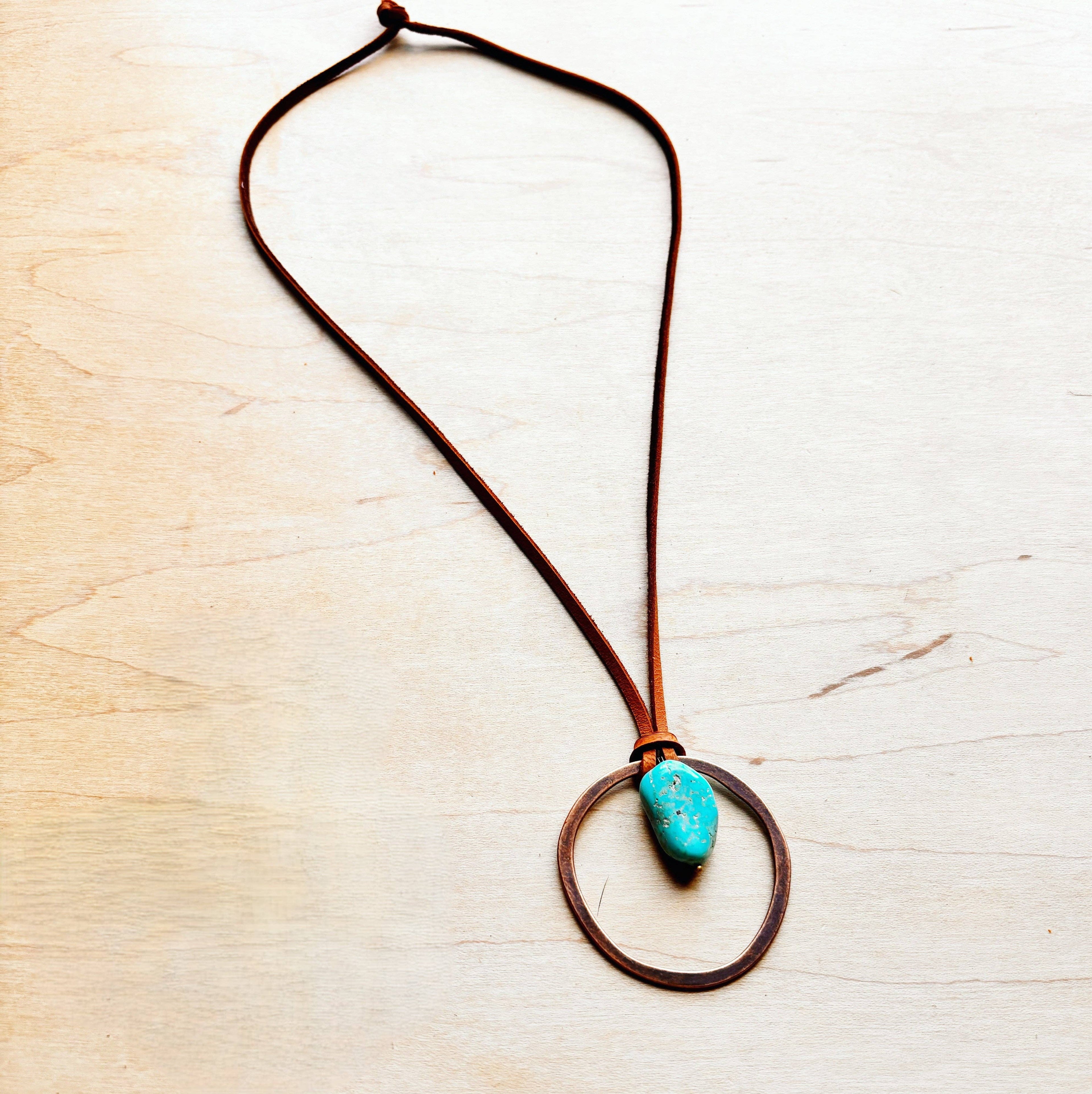 Leather Cord Necklace Antique Gold Hoop &amp; Natural Turquoise