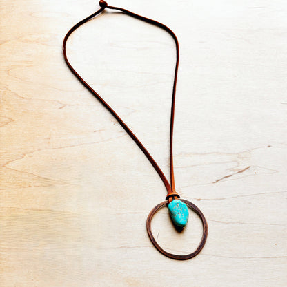 Leather Cord Necklace Antique Gold Hoop &amp; Natural Turquoise