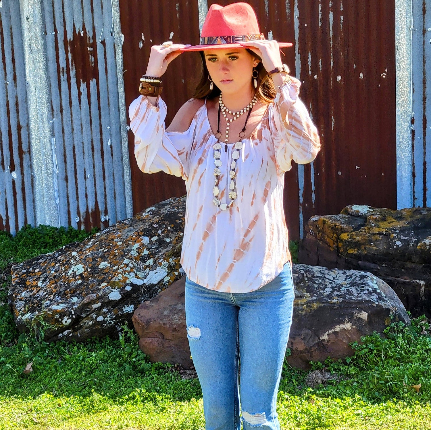 Double Strand Lariat White Turquoise Necklace w/ Copper Feather