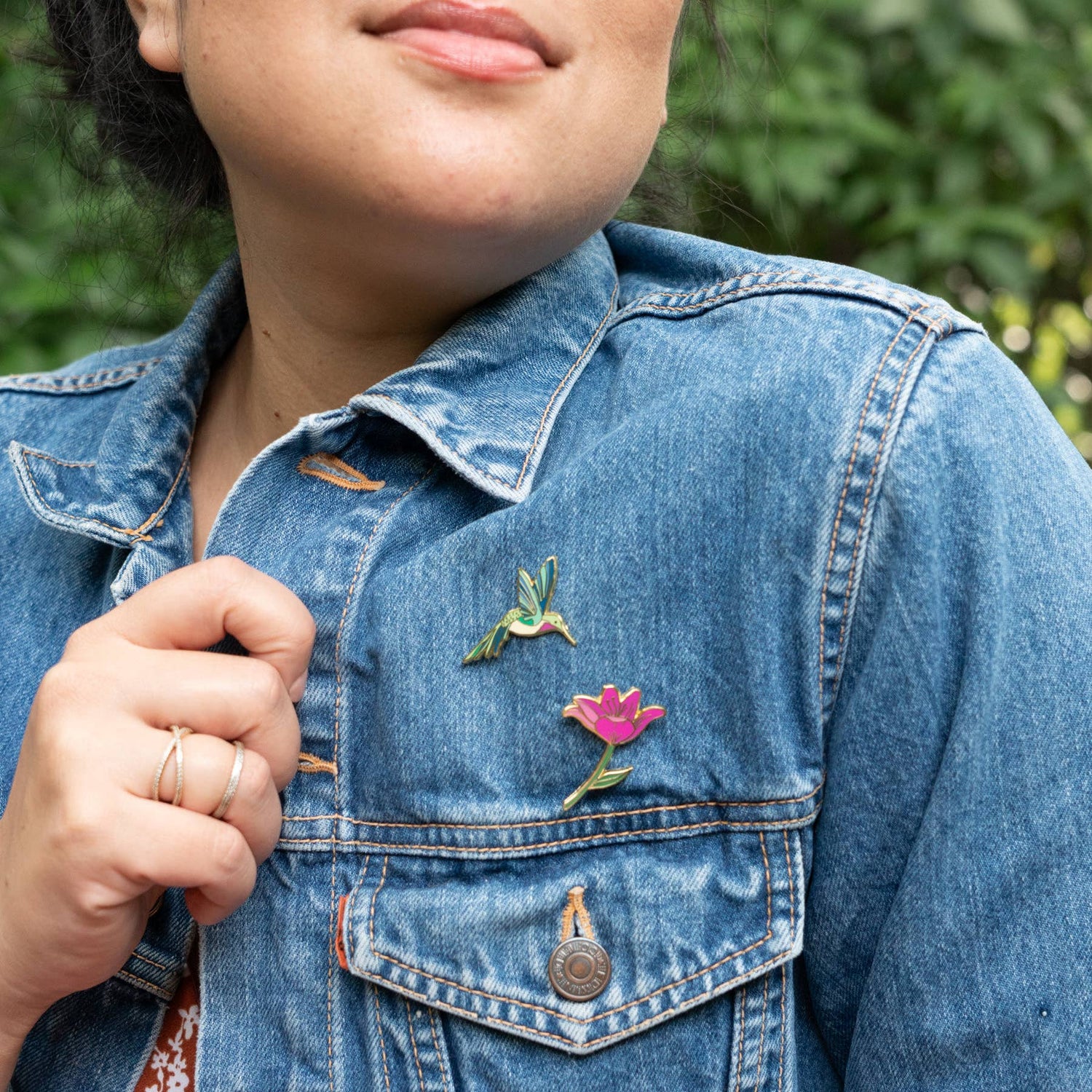 Hummingbird &amp; Pink Lily Flower Pin Set