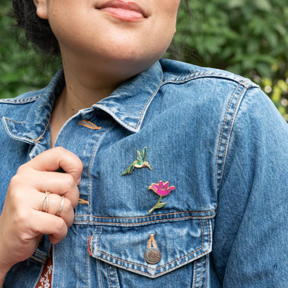 Hummingbird &amp; Pink Lily Flower Pin Set