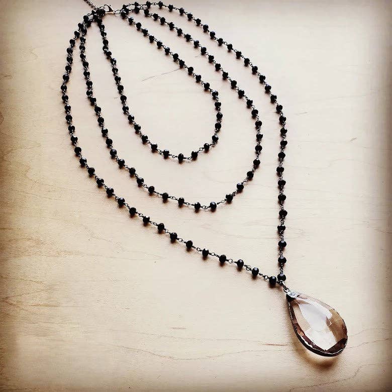 Faceted Glass Beaded Triple Strand Layering Necklace w/ Pendant