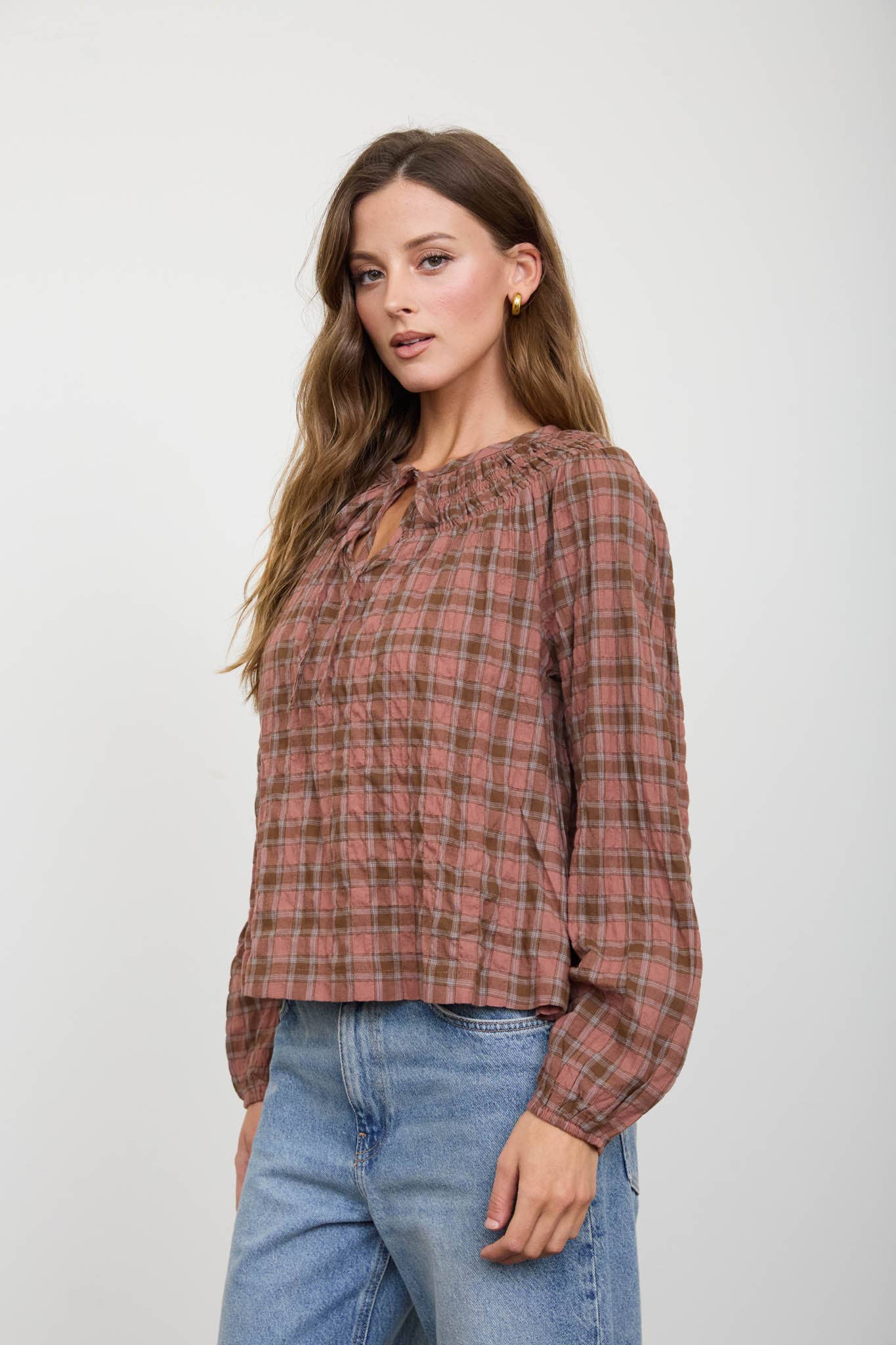 Blanche Plaid Front Tie Long Sleeve Top