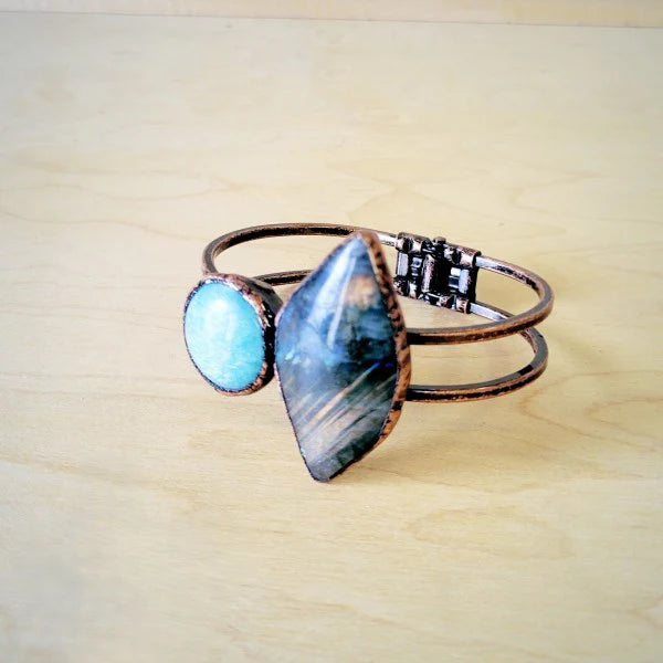 Genuine Natural Labradorite &amp; Amazonite Cuff Bracelet