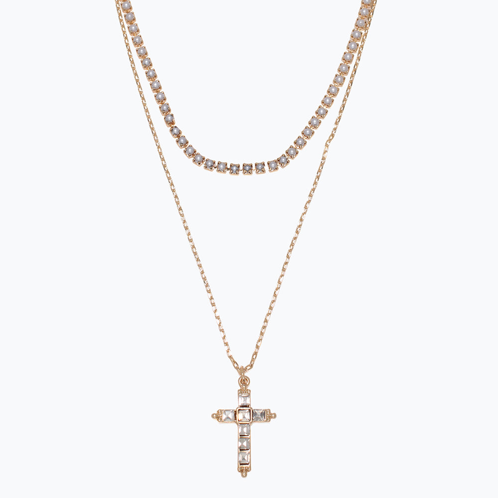 Gold Pearls + Crystal Cross Necklace