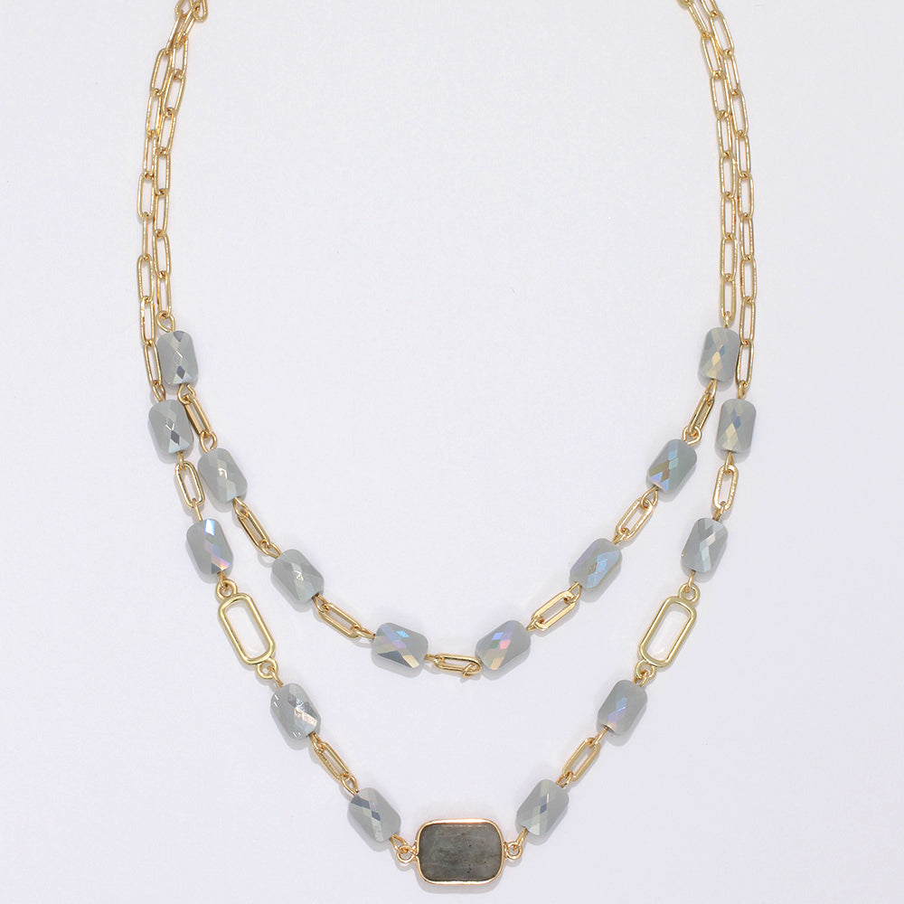 Light Gray Glass Beads Gold Necklace